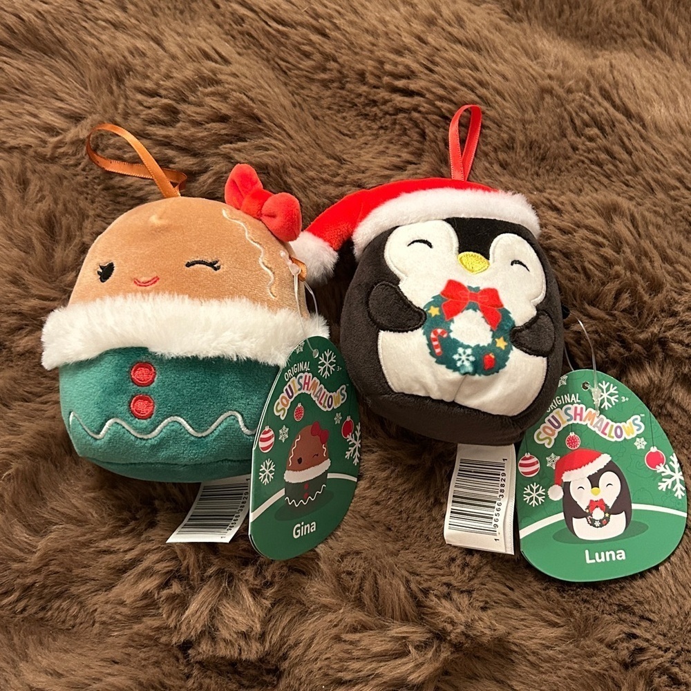 NWT Squishmallows Gina Gingerbread & Luna Penguin Collectible Ornaments